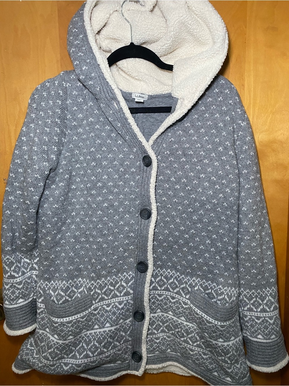 L.L. Bean Sherpa-Lined Hoodie Jacket in Cream and Gray